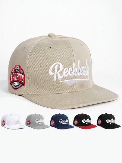 1顶男士时尚刺绣“幽灵岭”平沿棒球帽，刺绣嘻哈帽，可调节男女通用按扣帽，适合户外、旅行、沙滩派对，春秋季节适用，涤纶刺绣设计