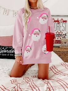 女士休闲宽松长袖圣诞老人亮片卫衣 - 粉色 - 查看 5