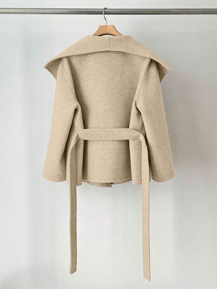 女士优雅翻领大衣，纯色梭织面料，带口袋，适合机场、日常、办公和约会穿着，秋冬季款 - 杏色 - 查看 2