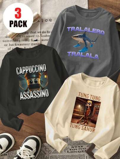 3pcs Tween Boys' "Italian Brainrot" Graphic Print Crew Neck Short Sleeve T-Shirts, Summer Tops