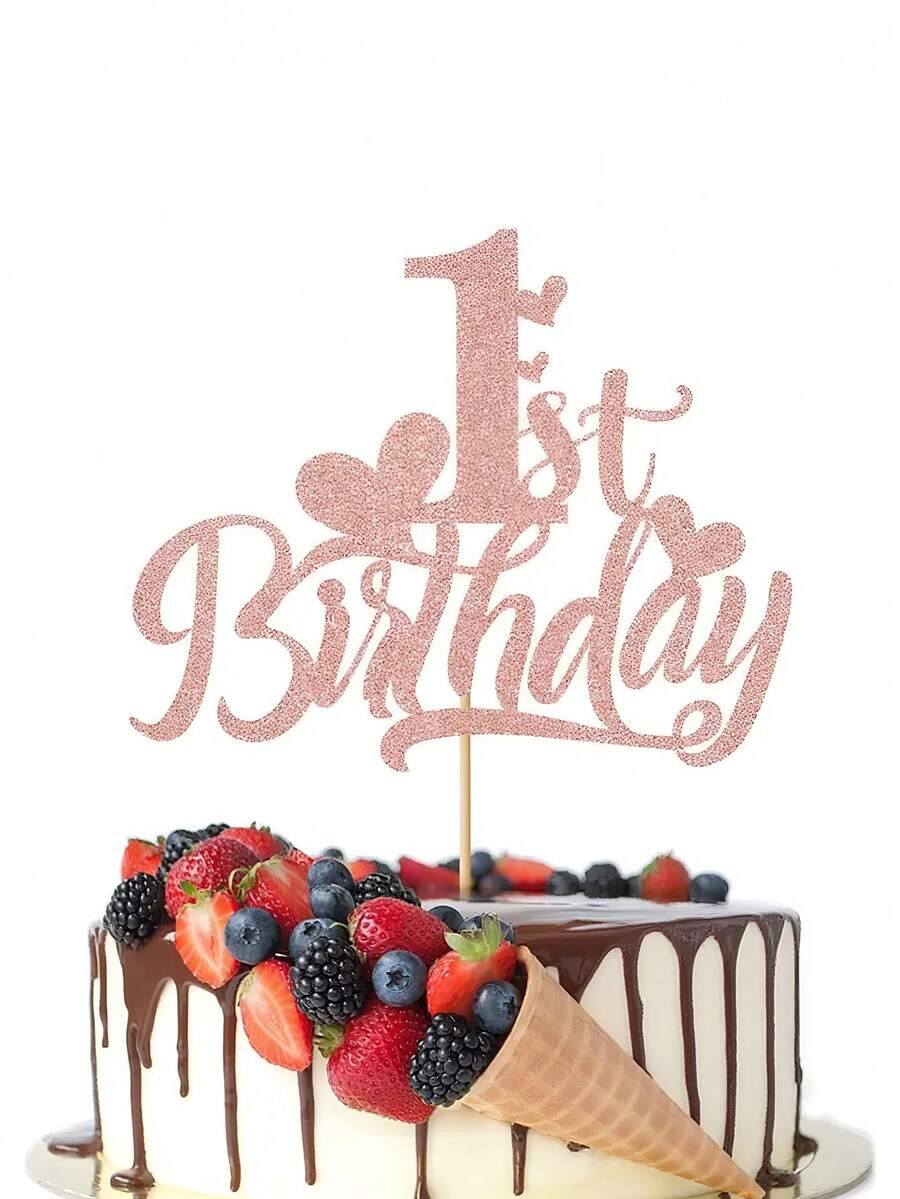 1件裝玫瑰金亮片竹製1歲生日蛋糕插牌，適用於1歲生日派對裝飾，男孩或女孩1歲生日慶祝用品 - 彩色 - 查看 1