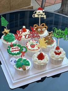 24 件“圣诞快乐”纸杯蛋糕装饰，圣诞树、驯鹿、雪人、雪橇图案纸杯蛋糕装饰，圣诞派对蛋糕装饰 - 彩色 - 查看 4