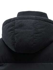 1 件男士灯芯绒拼接连帽棉服，适合日常休闲穿着，冬季棉服 - 黑色 - 查看 6