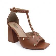 Women's Sandal With 9cm Block Heel, Elegant Square Toe, Metallic Spikes, Comfortable, Modern - 駝色 - 查看 2