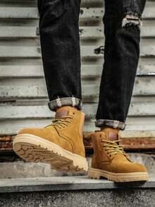 情侣靴，高帮圆头系带厚底低跟 PU 鞋，时尚英伦风格工作靴，休闲男靴，适合学生、中年、户外、徒步旅行、旅行、时尚、百搭西部靴 - 黃色 - 查看 2