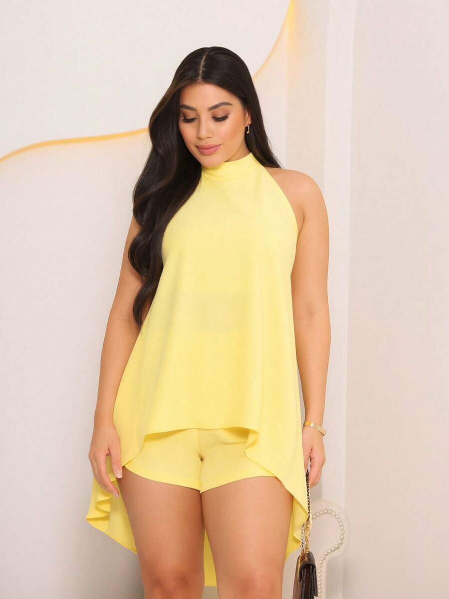 Women's Loose Halter Jumpsuit Set In Fresh Duna Fabric - Yellow - View 1
