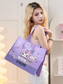 Sanrio Family Series Woven Tote Bag, Large Capacity Reusable Shopping Bag, Stylish & Practical for Daily Use, Made of Durable Polypropylene Material, Features Cute Cartoon Characters, Perfect for Shopping, Travel, and More, Portable & Lightweight, Ideal Gift for Kids and Adults Shopping, Travel, Who, Portable & Lightweight, Ideal Gift for Kids and Adults - 紫色 - 查看 4