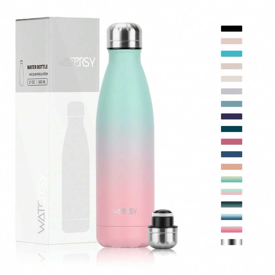 1 件 WATERSY 不锈钢保温水瓶，双层金属真空瓶，保冷 24 小时，保温 12 小时，金属运动水壶 500 毫升，适用于户外、工作、健身房、学校 - 彩色 - 查看 1