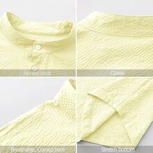 Men's Long Sleeve Henley Collar Shirt, Button Front, Lightweight Polyester Fabric, Striped & Plaid Design, Casual & Comfortable, Soft Fabric, Daily Wear, Fashionable & Breathable For Summer Beach Vacation, Rolled-Up Sleeves, Fashionable Menswear, Outdoor Casual Apparel, Classic Fit, Versatile & Lightweight Shirt, Men's Everyday Top - Light Yellow - View 6