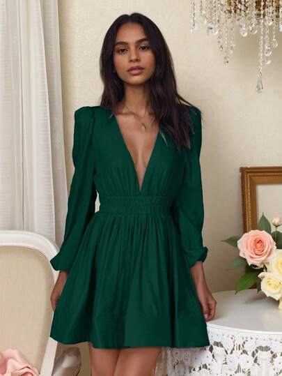 Women's Deep V-Neck Short A-Line Dress, Wrist-Length Sleeve, Casual Woven Fabric