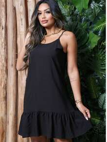 Loose Women's Dress With Adjustable Straps - Viscose Fabric - màu đen - Xem 1