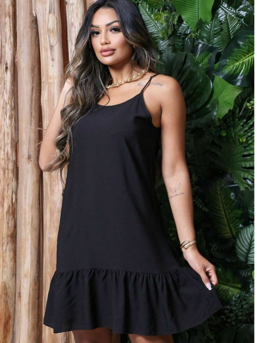 Loose Women's Dress With Adjustable Straps - Viscose Fabric - màu đen - Xem 1