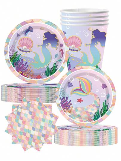 10pcs Mermaid Theme Colourful Fish Tail Birthday Party Supplies Disposable Tableware Paper Plates Paper Cups Tissue Paper Party Decorations Camping Travel Camping Essential Supplies
