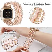 This Bracelet Is Compatible With Versa 3/Versa 4/ Sense/Sense 2 Bands, Designed For Women, Featuring Handmade Fashionable Elastic Beaded Arrow Pattern, Can Replace Versa 4/Versa 3/Sense 2/Sense Bands. - Pink - View 3