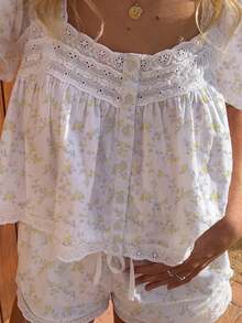 Women 2 Piece Floral Pajama Set Lace Trim Short Sleeve Button-Up Tops And Elastic Waist Shorts Casual Sleepwear Outfit - Yellow - View 2