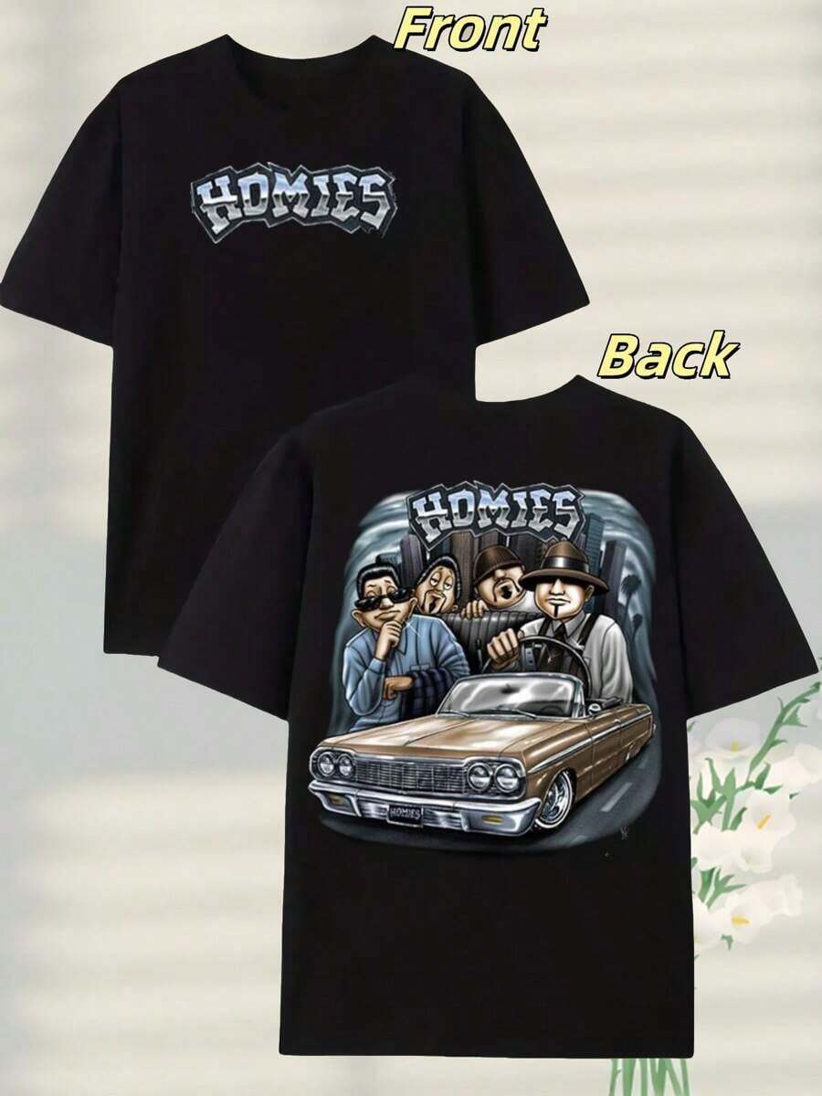 220g Heavyweight Pure Cotton Street - Homie - Car Tee - 'HOMIES' PrintStylish And Warm Sweatshirt - Black - View 1