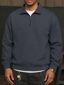 2025 New Autumn/Winter Men's Solid Color Loose Half-Zip Pullover T-Shirt Long Sleeve T-Shirt