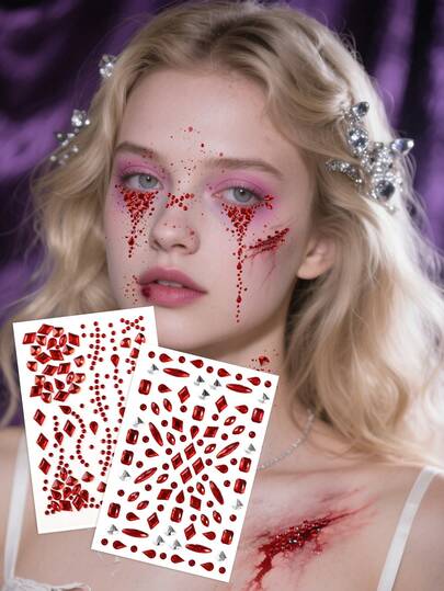 2 件红色不对称水钻 3D 逼真人造伤口疤痕脸部宝石贴纸，DIY 节日礼物，适用于头发、眼睛、脸部、身体装饰