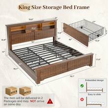 EnHomee Farmhouse Bed Frame With LED Lights And Charging Station Metal Platform Bed With 4 Drawers & Bookcase Headboard No Noise - 棕色 - 查看 10