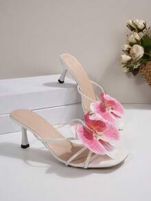 法式方头优雅纯色度假时尚沙滩女神PU皮花卉装饰温柔女神度假风细高跟凉鞋，适合沙滩、度假、高跟凉鞋、女士凉鞋、婚礼、夏季、猫跟鞋 - 玫紅色 - 查看 5