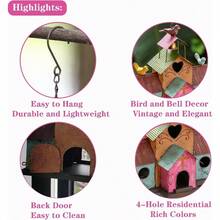 Casas grandes para pájaros para colgar afuera, casa de pájaros para exteriores de 4 agujeros con campana, fácil de limpiar, casas de pájaros de metal coloridas para afuera. - Vistoso - Ver 3