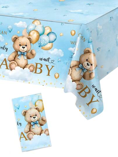 1pc Blue Baby Reveal Party Tablecloth, Adorable Brown Bear Pattern, Gender Reveal Party Tablecloth Decor, Newborn Baby Shower PE Tablecloth, "We Can't Wait To Meet The Baby" Boy/Girl Party Decor Tablecloth, Baby Shower Gift, 1st Birthday Party Tablecloth, Gender Reveal Party Decoration, Home Decor Tablecloth