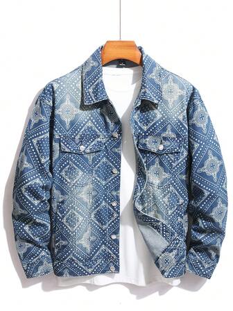 Chaqueta vaquera de manga larga con bolsillo y botones delanteros a cuadros clásicos para hombre