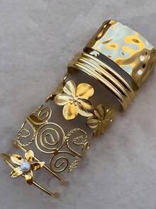 Only 3Pcs Chunky Flower Cuff Bangles Bracelets Set , Women Bracelets Set , Stacked Bangles Jewelry For Women , Chunky Wheels Cuffs Bangle Set - 款式1 - 查看 4