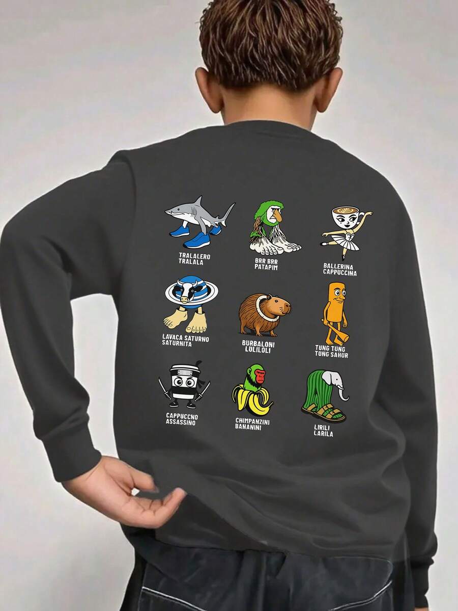 Tween Boy Graphic Print Crew Neck Long Sleeve T-Shirt, Autumn/Winter Top - Dark Grey - View 1
