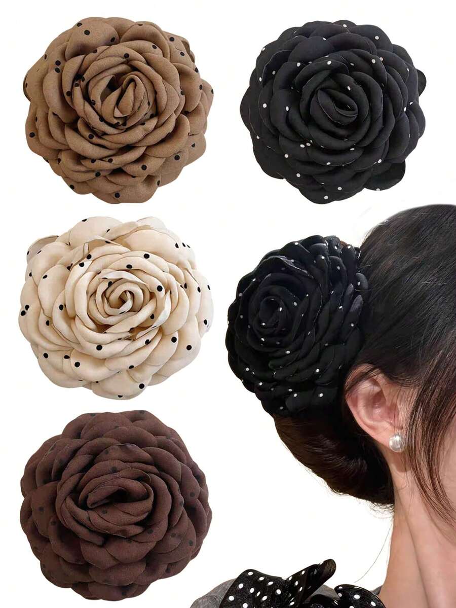 1/2pcs Fashionable Sweet Polka Dot 3D Floral Hair Claw Clips, Gentle Elegant Bun Holder, Large Hair Claw For Ponytail, Elegant Accessory For Going Out, Dates, Parties, Holidays, Ideal Gift For Valentine's Day, Thanksgiving Birthday Winter Hair Clutch Elegant Hair Clips Women Hair Accessories Flower Hair Clip Summer Beach Vacay,Travel