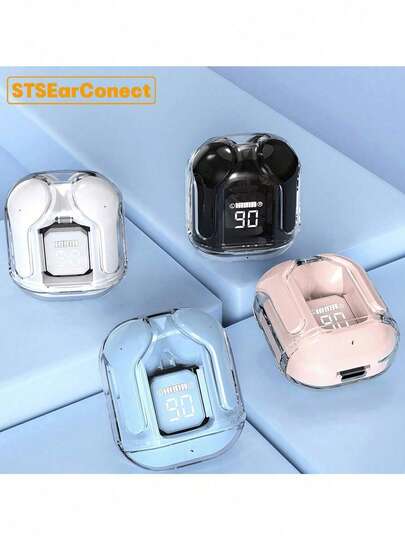 STSEarConect Un par de auriculares inalámbricos TWS transparentes, auriculares inalámbricos estéreo con pantalla de visualización de batería LED, estuche de carga tipo C, compatible con todos los teléfonos inteligentes, adecuado para juegos, música, deportes al aire libre/negocios, uso adulto, micrófono de condensador, batería recargable, polímero de ión de litio