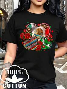 Camiseta casual para mujer, 100 % algodón, con estampado de corazones. Esta camiseta de cuello redondo y manga corta es cómoda y versátil, perfecta para primavera y verano, ideal para cualquier ocasión. Su diseño de color liso la hace perfecta para el día a día. - Negro - Ver 1