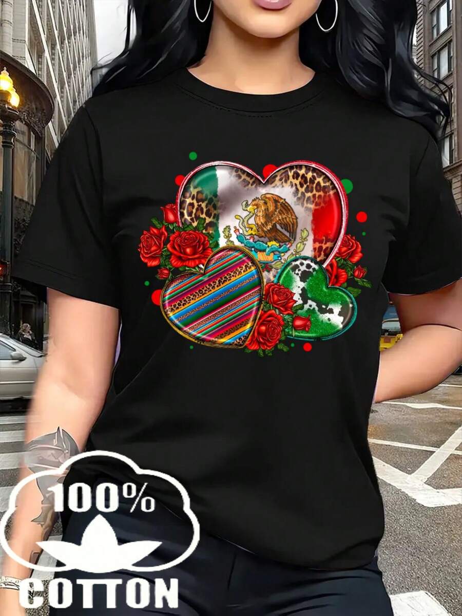 Camiseta casual para mujer, 100 % algodón, con estampado de corazones. Esta camiseta de cuello redondo y manga corta es cómoda y versátil, perfecta para primavera y verano, ideal para cualquier ocasión. Su diseño de color liso la hace perfecta para el día a día. - Negro - Ver 1