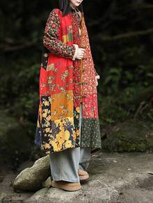 LUZU JUNU Women's Trench Coat Floral Print Long Cotton Linen Jacke Cottagecore Clothing Patchwork Outwear Bohemian Unique - 黃色毛絨襯裡 - 查看 6