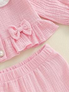 Baby Girl Fall Outfits Button Down Bows Ruffled Trim Doll Collar Long Sleeve Tops And Solid Pants 2 Pcs Set - 粉色 - 查看 6