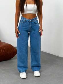 Kadın Koyu Mavi Soluk Efekt Likralı Yüksek Bel Geniş Paça Bol,Salaş Palazzo Jeans - 藍色 - 查看 3