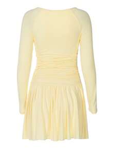 Women's Long Sleeve Dress Deep V-Neck Mini Dresses Ruched Bodycon Wrap Ruched Ruffle Hem Short Club Cocktail Party Dress - 黃色 - 查看 5