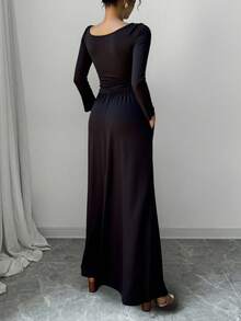 Vestido Sofisticado con Vuelo y Aberturas al frente manga larga escote v vestido formal elegante largo - Negro - Ver 4
