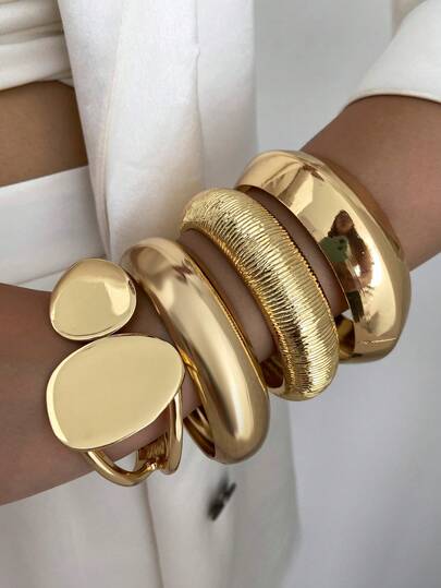 Conjunto de pulseiras com design geométrico assimétrico e gota d'água, 1 a 4 peças, pulseira de metal grosso, pulseira com abertura de mola ajustável, presente perfeito para uso diário feminino e decoração de festas