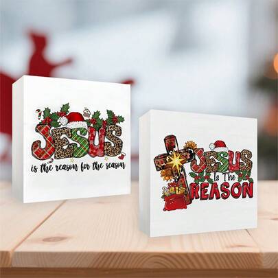 2 Styles Christmas Square Pvc Decoration Ornament Sign, "Jesus ​​Is The Reason For The Season" & Christmas Elements Combined Design, Suitable For Home, Angle Of Faith, Religious Place Decoration, Christmas Gifts