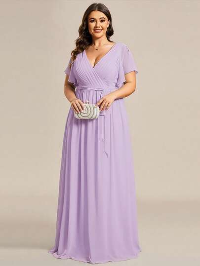 EVERPRETTY Plus Elegant Höst Vinter V-ringning Plisserad Volangärm Golvlång Semi-formell Klänning Lila Brudtärneklänningar För Bröllopsfesten Klänningar För Bröllopsgäster