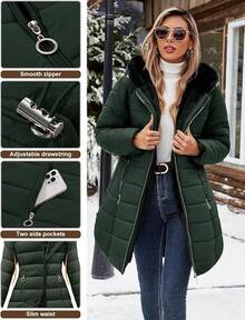 Women's Winter Windproof Fur Warm Slim Fit Down Jacket - Long Ski Coat For Commuting - 軍綠色 - 查看 4