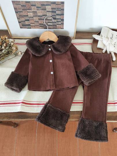 2pcs Baby Girls Autumn/Winter Fashion Casual Retro Brown Corduroy Collar Jacket And Flared Pants Set, Suitable For Daily Wear, School, Outings, And Family Gatherings