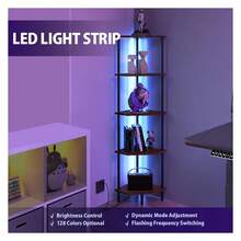 5 Tier Corner Shelf With LED Light,Tall Standing Shelf Organizer,Narrow Bookshelf,The Classic Combination Of Rustic Brown And Black Standing Bookcase,Suitable For Bedroom,Living Room,Kitchen - 多色192 - 查看 4