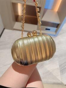 1 件闪亮褶皱迷你蛋形手拿包，优雅的金属双珍珠纽扣设计，适合派对女孩、新娘、大学生、年轻专业人士、派对、庆典、婚礼，配有金属链 - 金色 - 查看 5