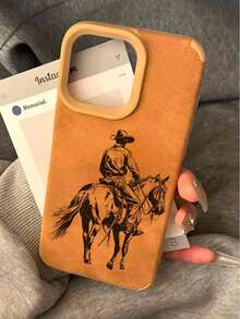 Black Pattern Of A Cowboy Riding A Horse,Imitation Leather Texture Phone Case Suitable For Compatible With Iphone16, 15, 14, 13, 12, 11, PRO MAX, As Well As X, XS, PLUS, - 彩色 - 查看 3