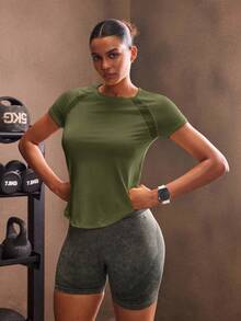 Powerista 女式简约圆领插肩袖运动T恤，夏季 - 軍綠色 - 查看 7