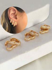 [ SEMI JEWELLERY ] Trio Kit Of Heart Hoop Earrings Studded With Zirconia 18k Gold Plated Anti-Allergic - Vàng - Xem 1