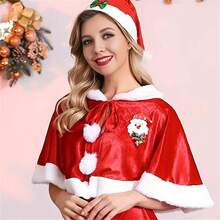 3 件套圣诞毛皮天鹅绒斗篷红色圣诞老人披肩圣诞派对角色扮演服装带圣诞帽女士 - 彩色 - 查看 6