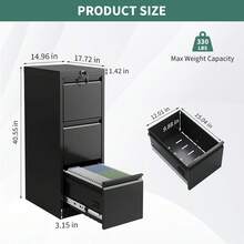 3-Drawer Locking File Cabinet For Home Office, Black Metal Vertical Filing Cabinet With Anti-Tilt Security, Silent Slides, Fits Folders, Easy Assembly - Black - View 2